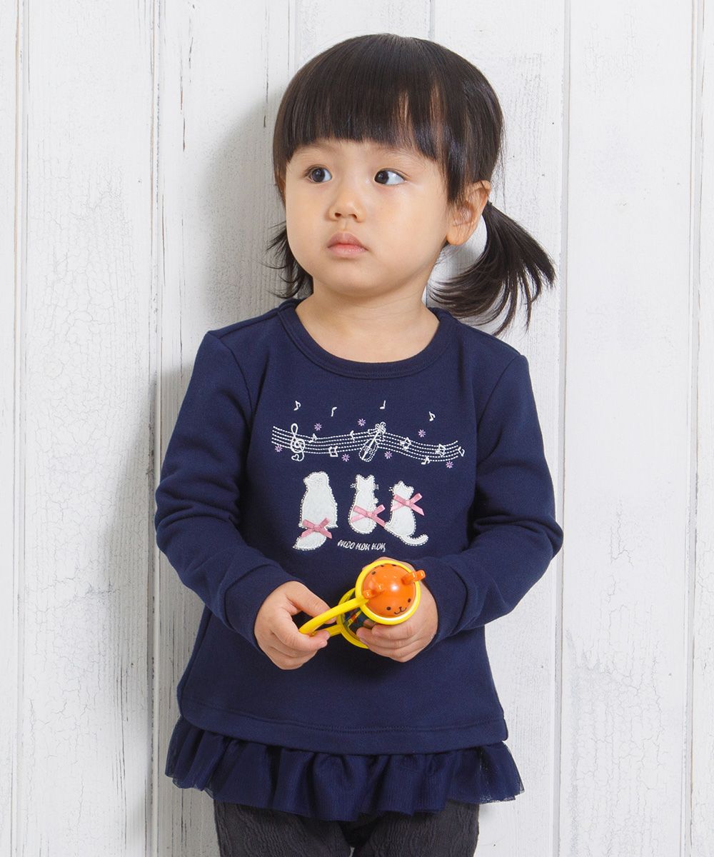 Baby clothes girl baby size note & cat embroidery tulle frilled & ribbon with ribbon Navy (06) model image 1