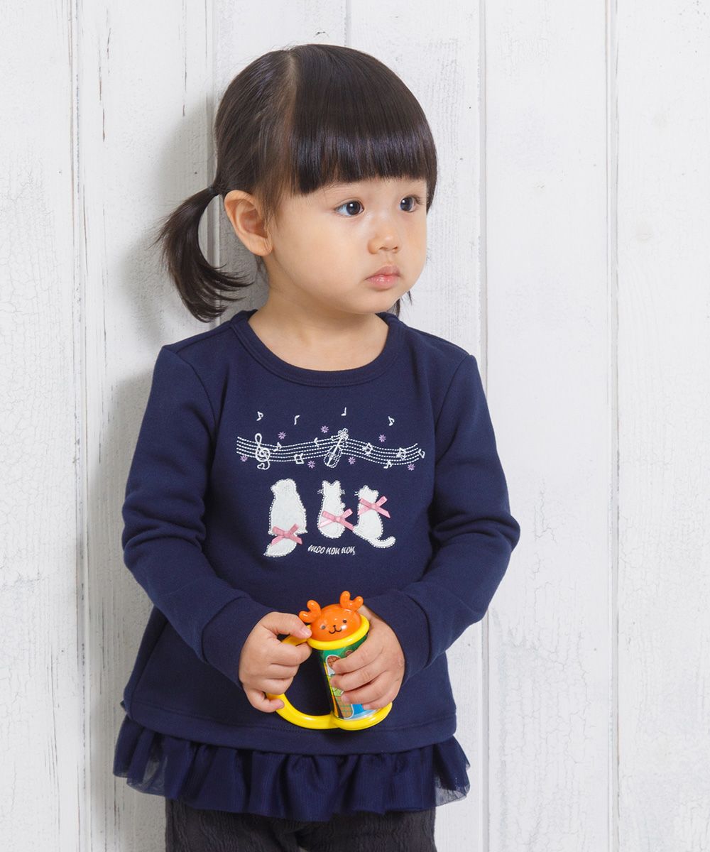 Baby clothes girl baby size note & cat embroidery tulle frilled & ribbon with ribbon Navy (06) model image 2