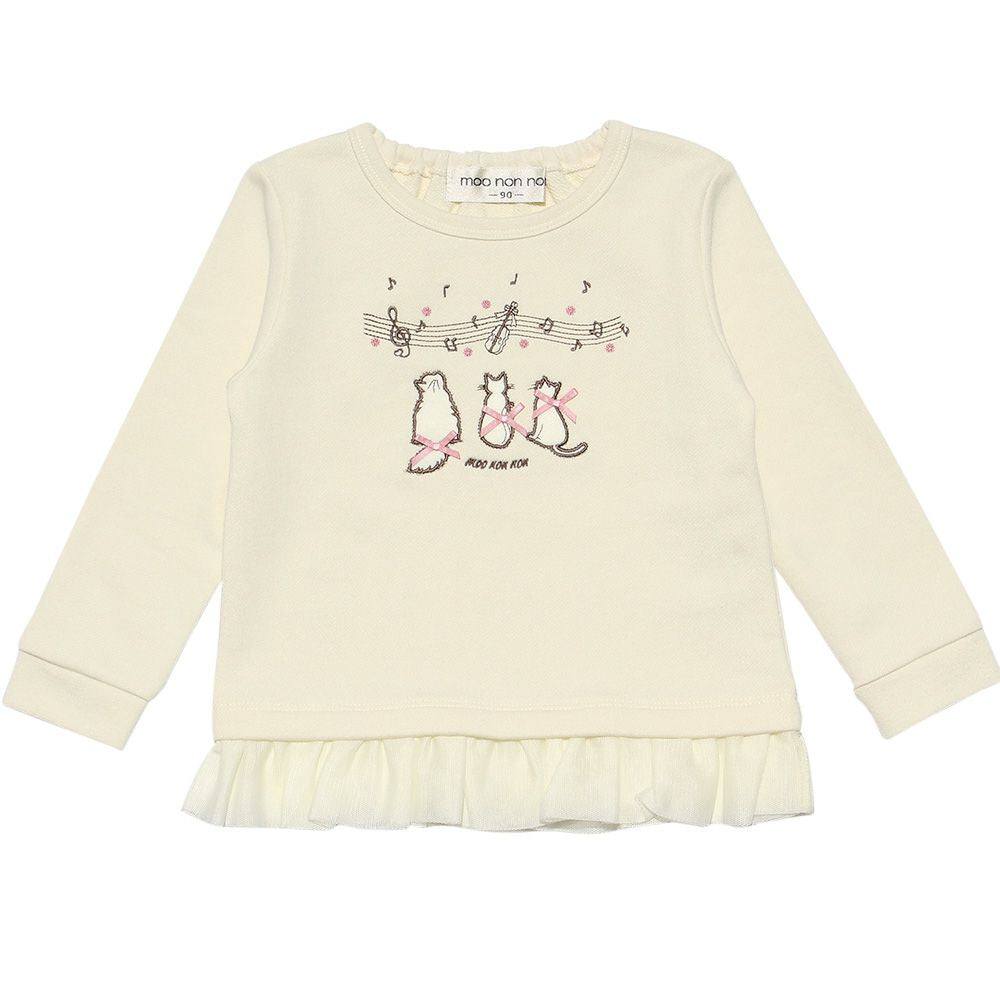 Baby clothes girl baby size note & cat embroidery tulle frill & ribbon with ribbon back hair trainer ivory (12) front