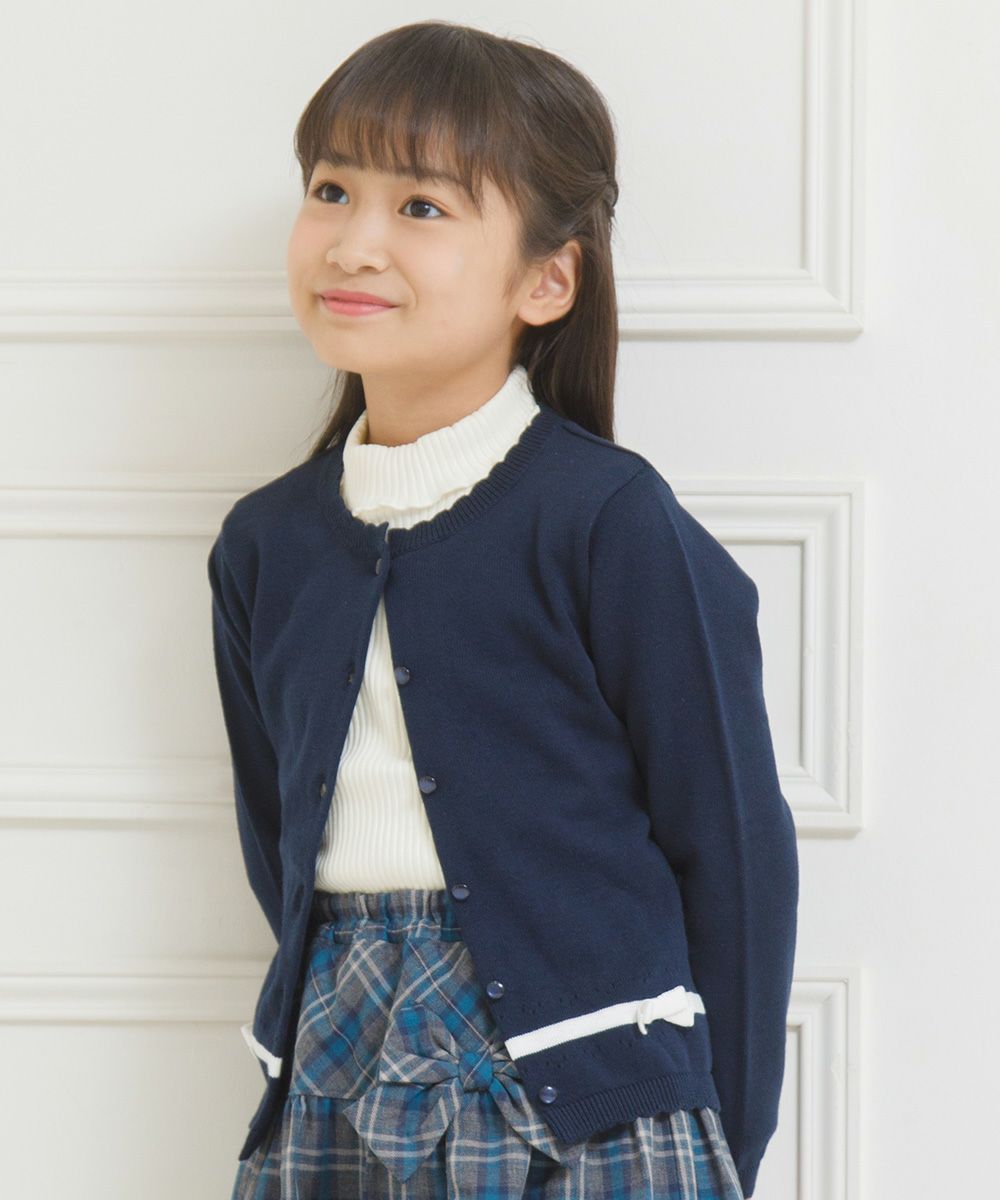 100 % cotton line & ribbon cardigan Navy model image 2