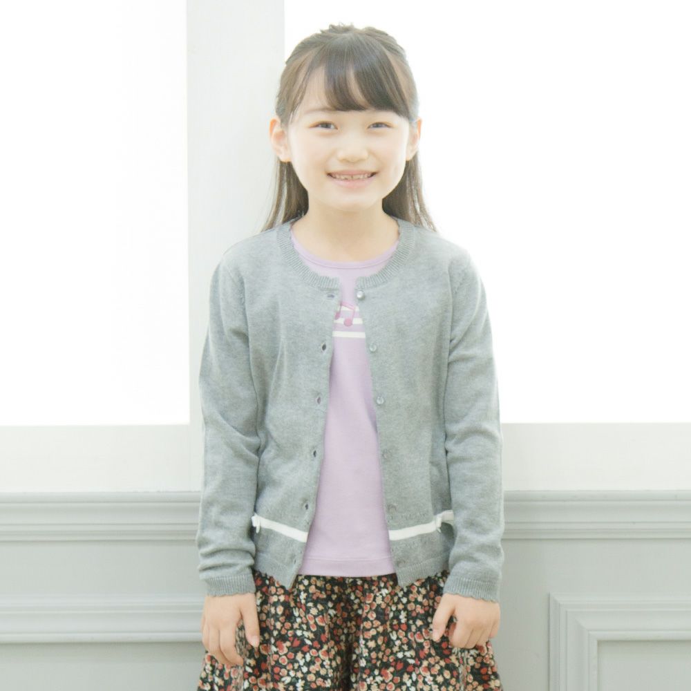 100 % cotton line & ribbon cardigan Misty Gray model image up