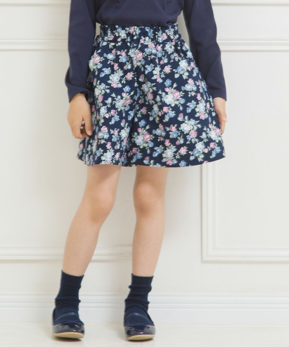 Children's clothing girls Japanese floral pattern Waist rubber culott pants navy (06) model image up