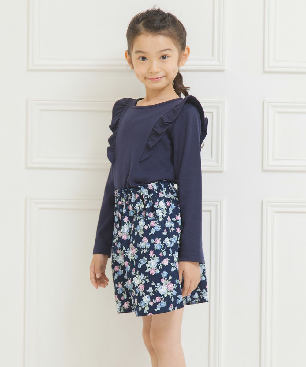 Children's clothing girl made in Japan Floral pattern Waist rubber culott pants navy (06) model image 2