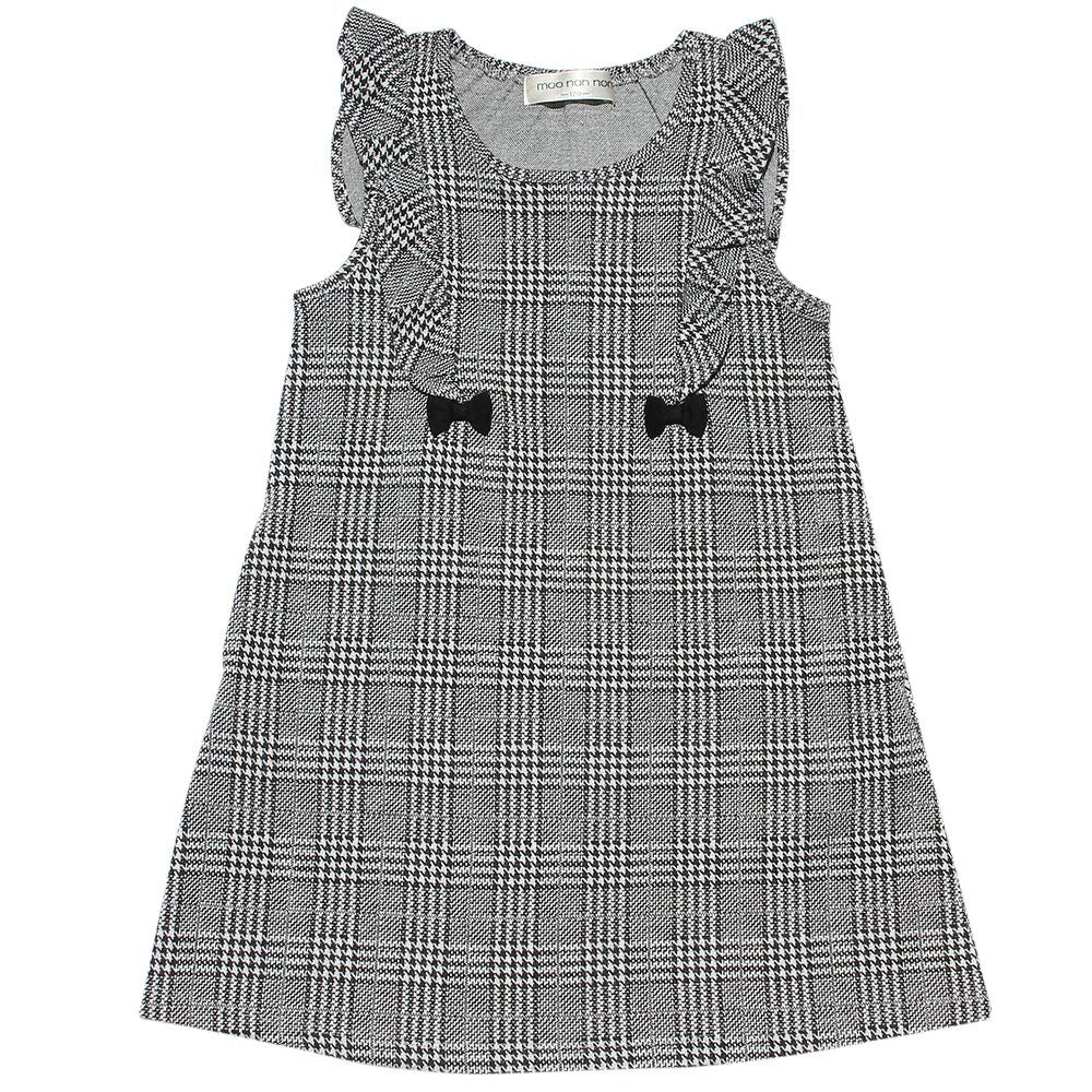 Children's clothing girl ribbon & frill Glen check pattern dress white x black (10) front