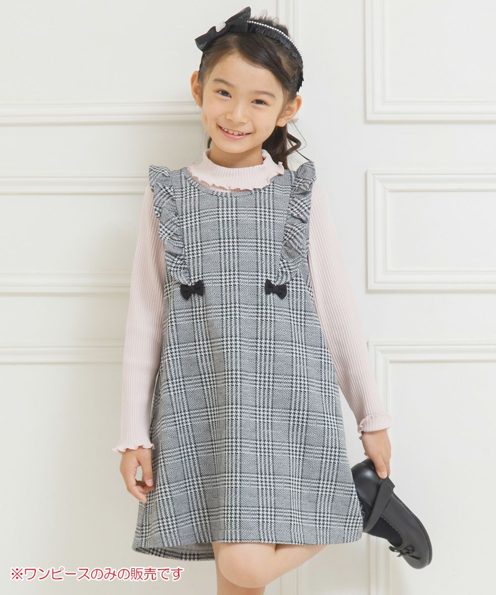 Children's clothing girl ribbon & frill Glen check pattern dress white x black (10) model image up