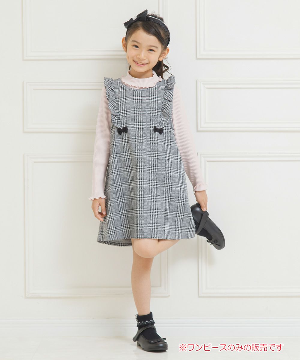 Children's clothing girl ribbon & frill Glen check pattern dress white x black (10) model image whole body