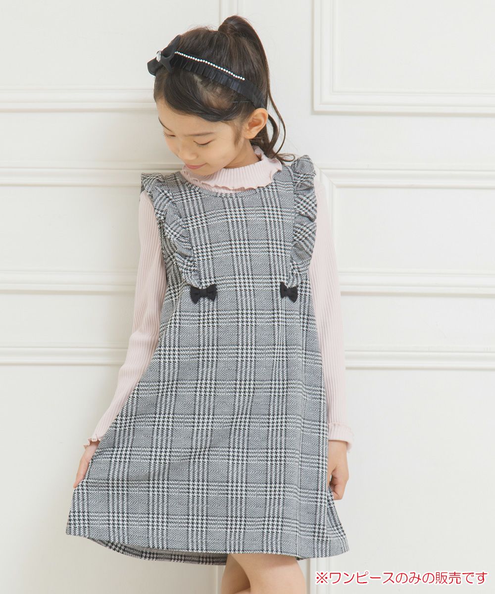 Children's clothing girl ribbon & frill Glen check pattern dress white x black (10) model image 1