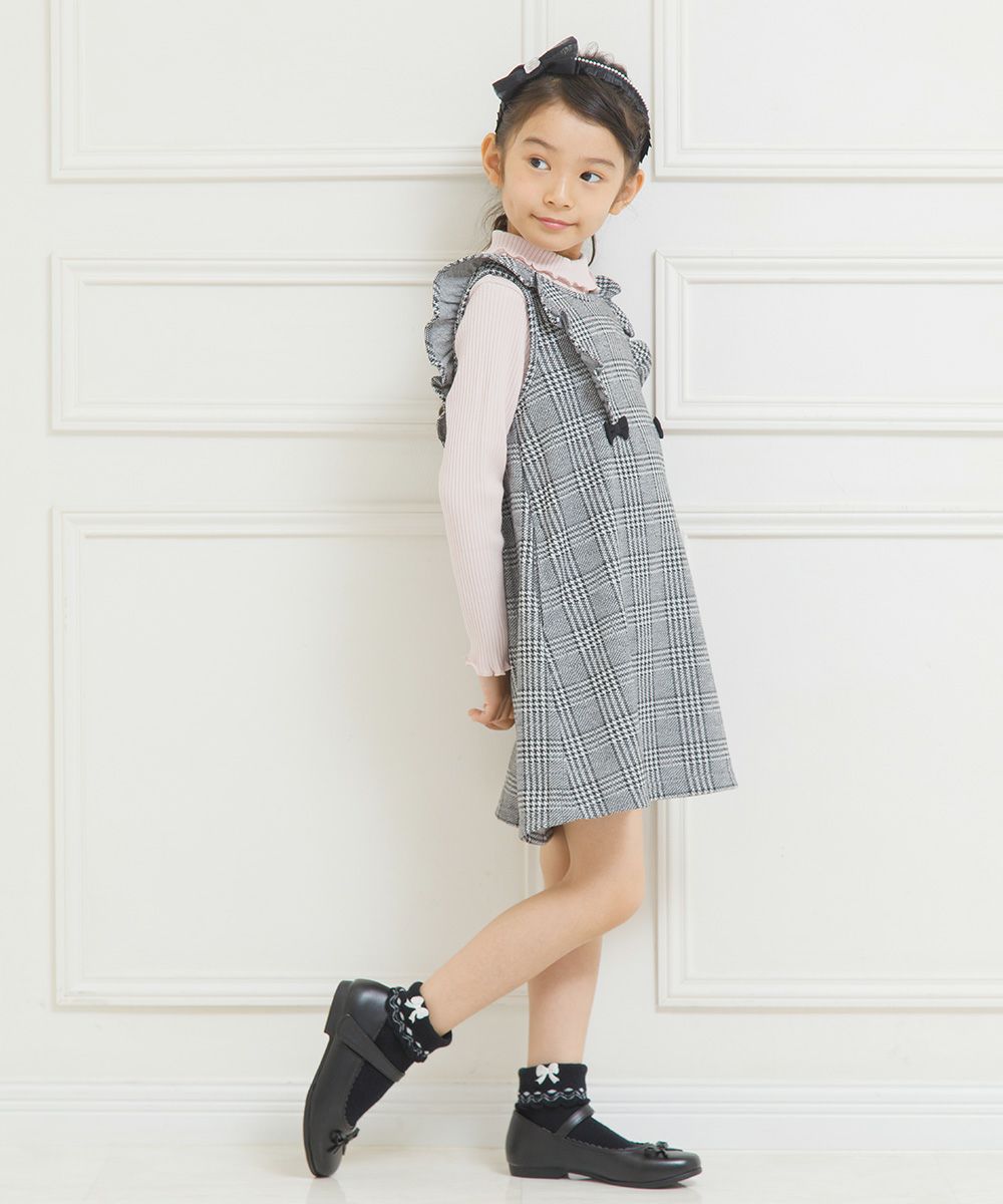 Children's clothing girl ribbon & frill Glen check pattern dress white x black (10) model image 2