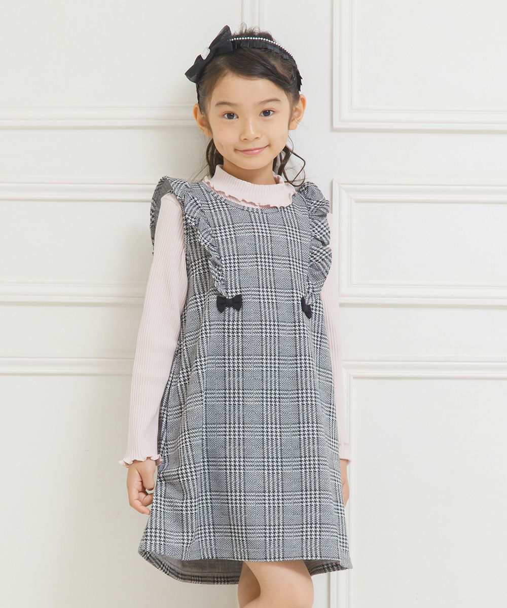 Children's clothing girl ribbon & frill Glen check pattern dress white x black (10) model image 3