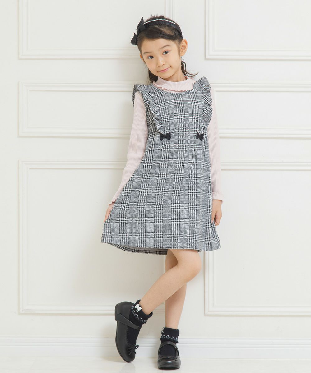 Children's clothing girl ribbon & frill Glen check pattern dress white x black (10) model image 4