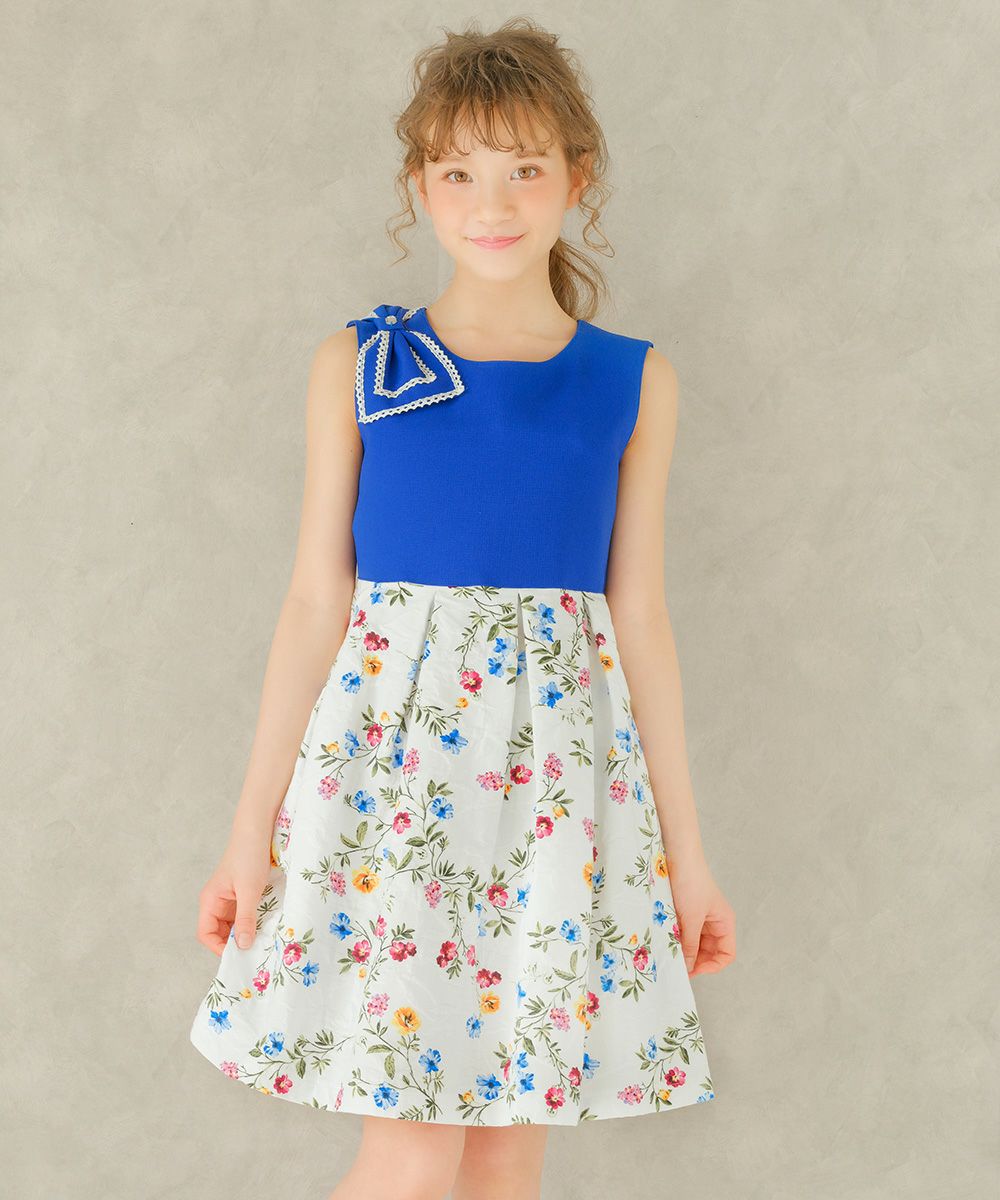 Made in Japan Waist Switching Flower Pattern One Piece Blue model image up
