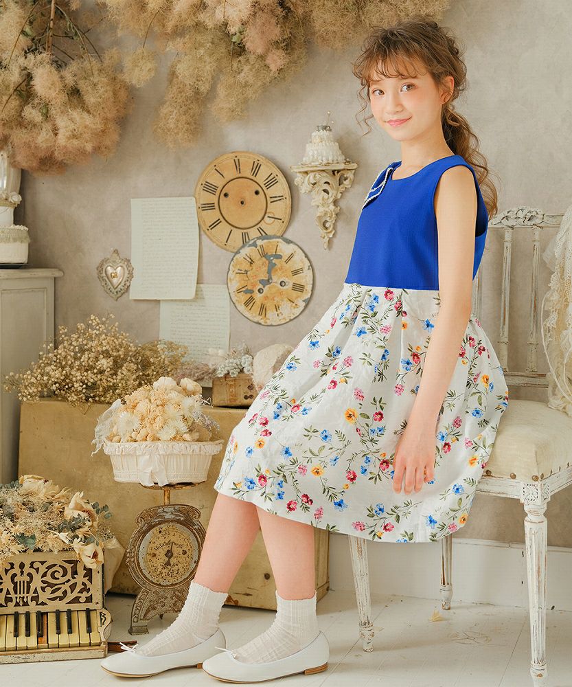 Made in Japan Waist Switching Flower Pattern One Piece Blue model image 1