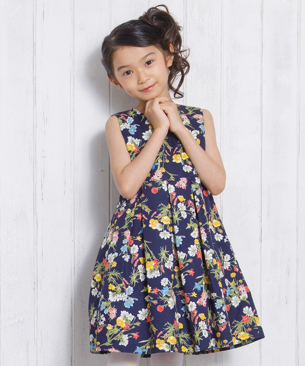 Children's clothing girls Japanese floral pattern print dress navy (06) model image up