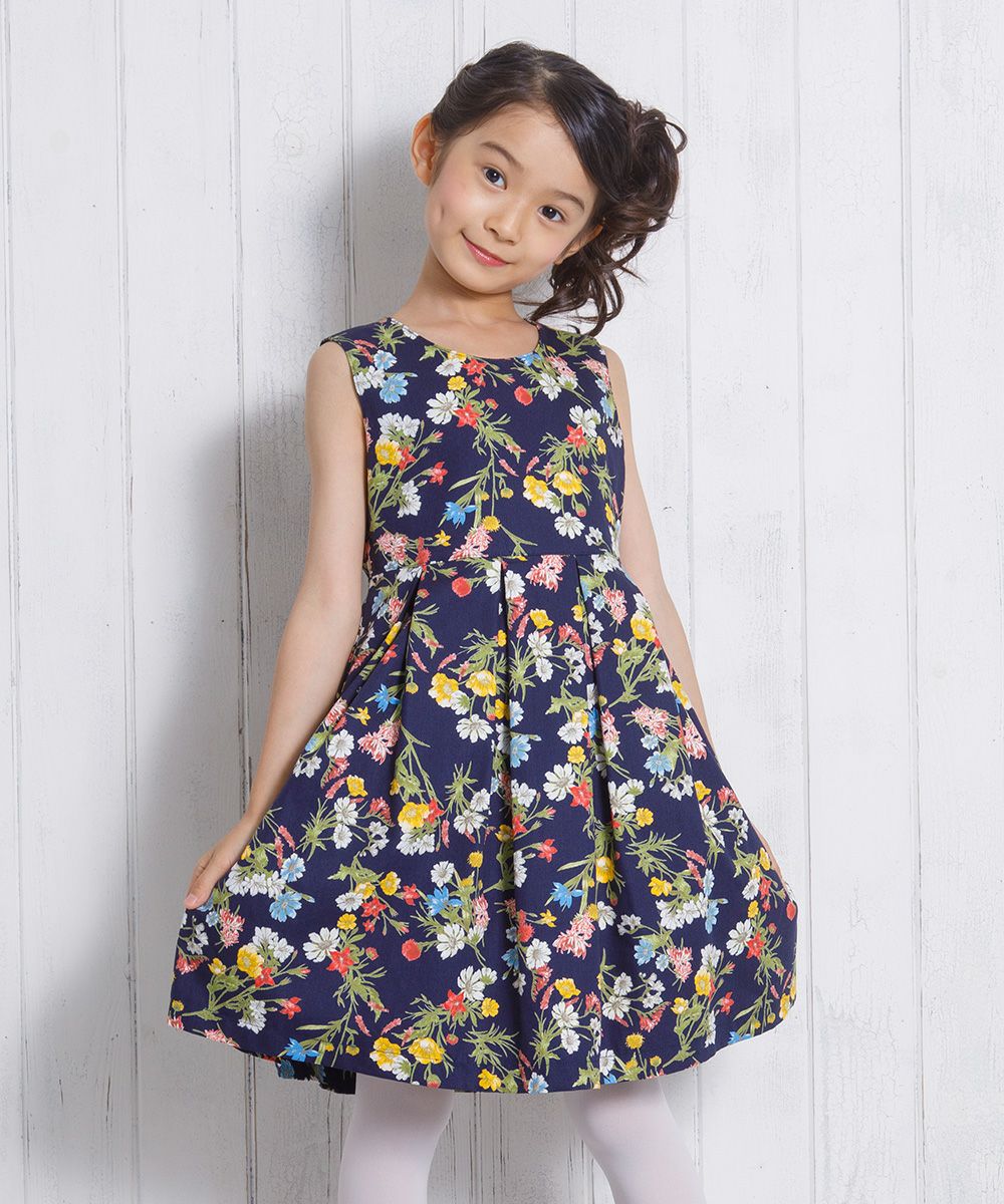 Children's clothing girls Japanese floral pattern print dress navy (06) model image 1