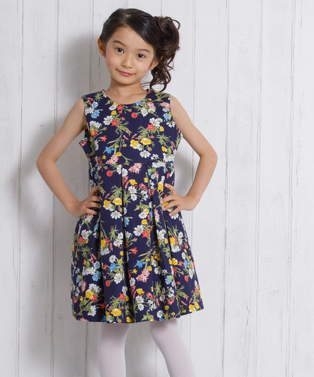 Children's clothing girls Japanese floral pattern print dress navy (06) model image 2