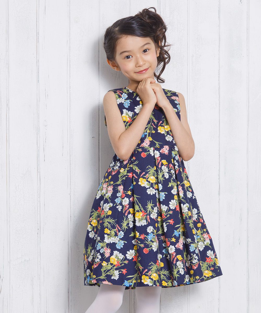Children's clothing girls Japanese floral pattern print dress navy (06) model image 3