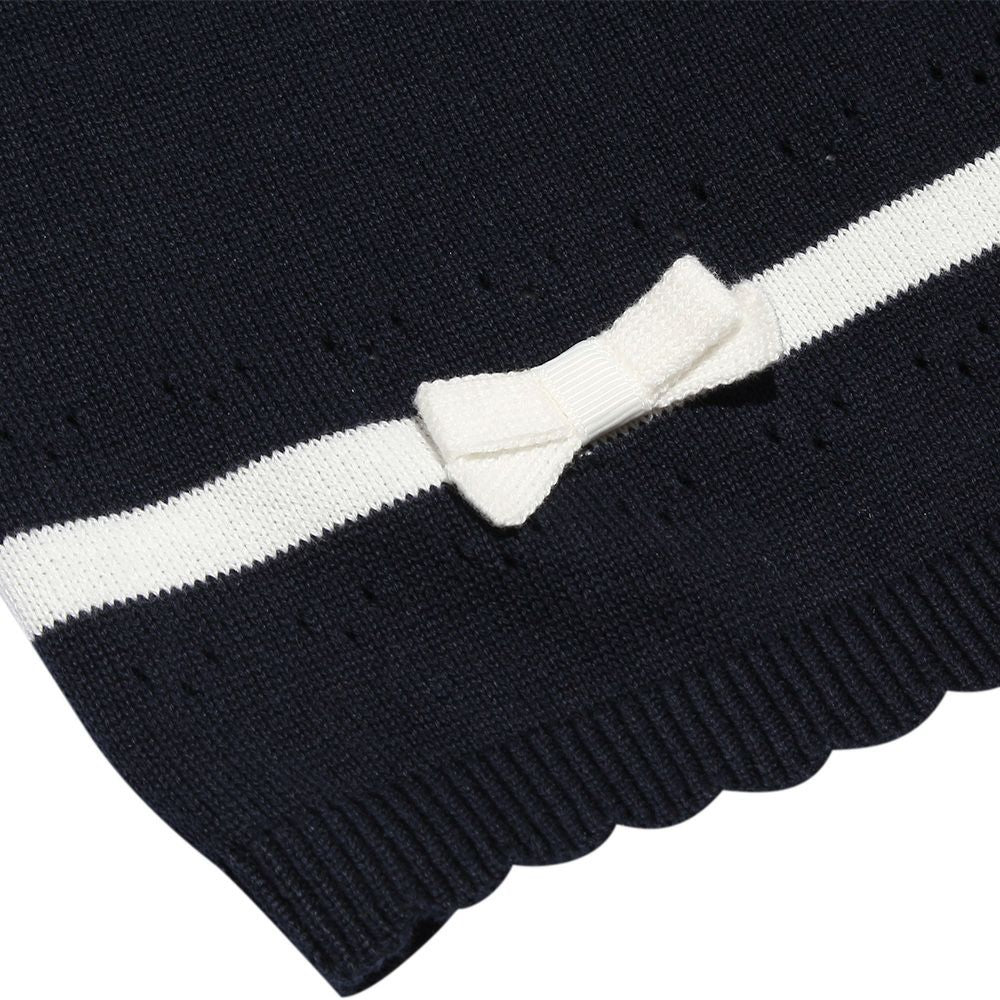 Baby size 100 % cotton line & ribbon cardigan Navy Design point 2