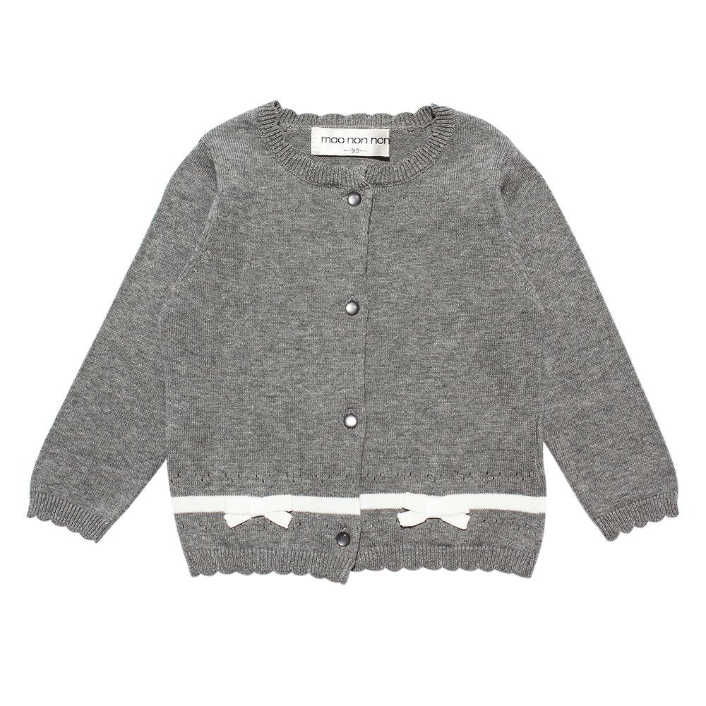 Baby size 100 % cotton line & ribbon cardigan Misty Gray front