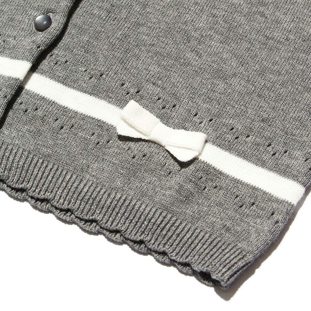 Baby size 100 % cotton line & ribbon cardigan Misty Gray Design point 1
