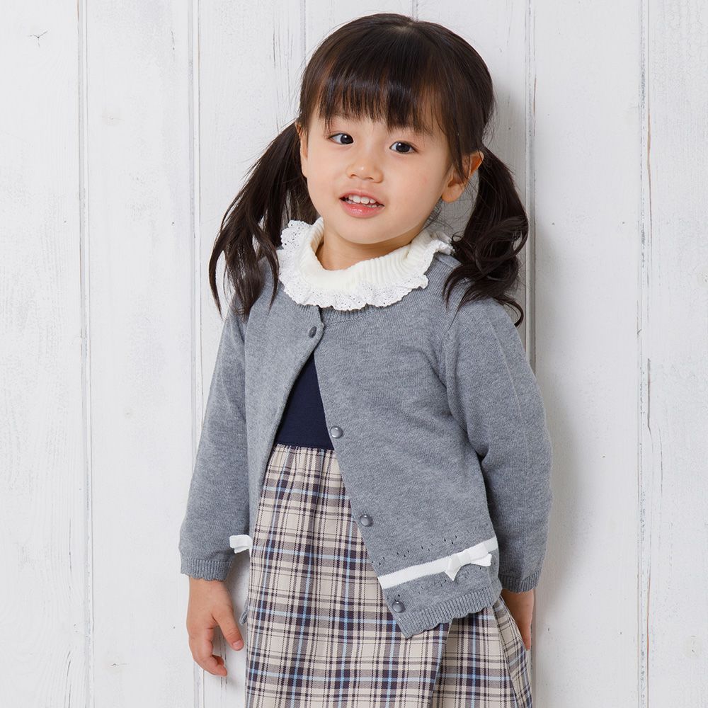 Baby size 100 % cotton line & ribbon cardigan Misty Gray model image up