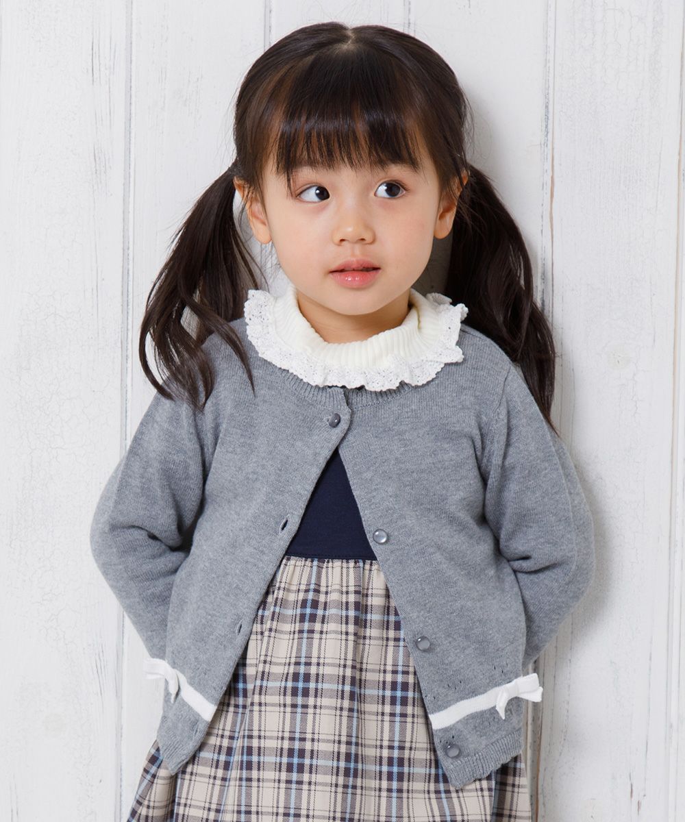 Baby size 100 % cotton line & ribbon cardigan Misty Gray model image 2