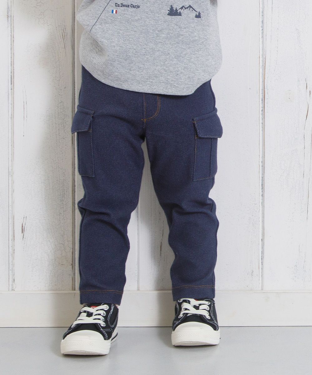 Baby size denim knit full length cargo pants Navy model image up