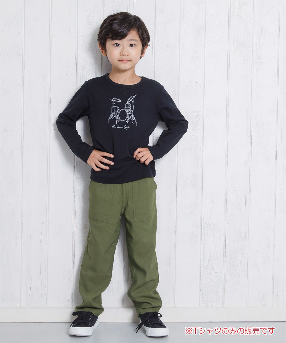 Children's clothing boy 100 % cotton musical instrument series drum print T -shirt black (00) model image whole body