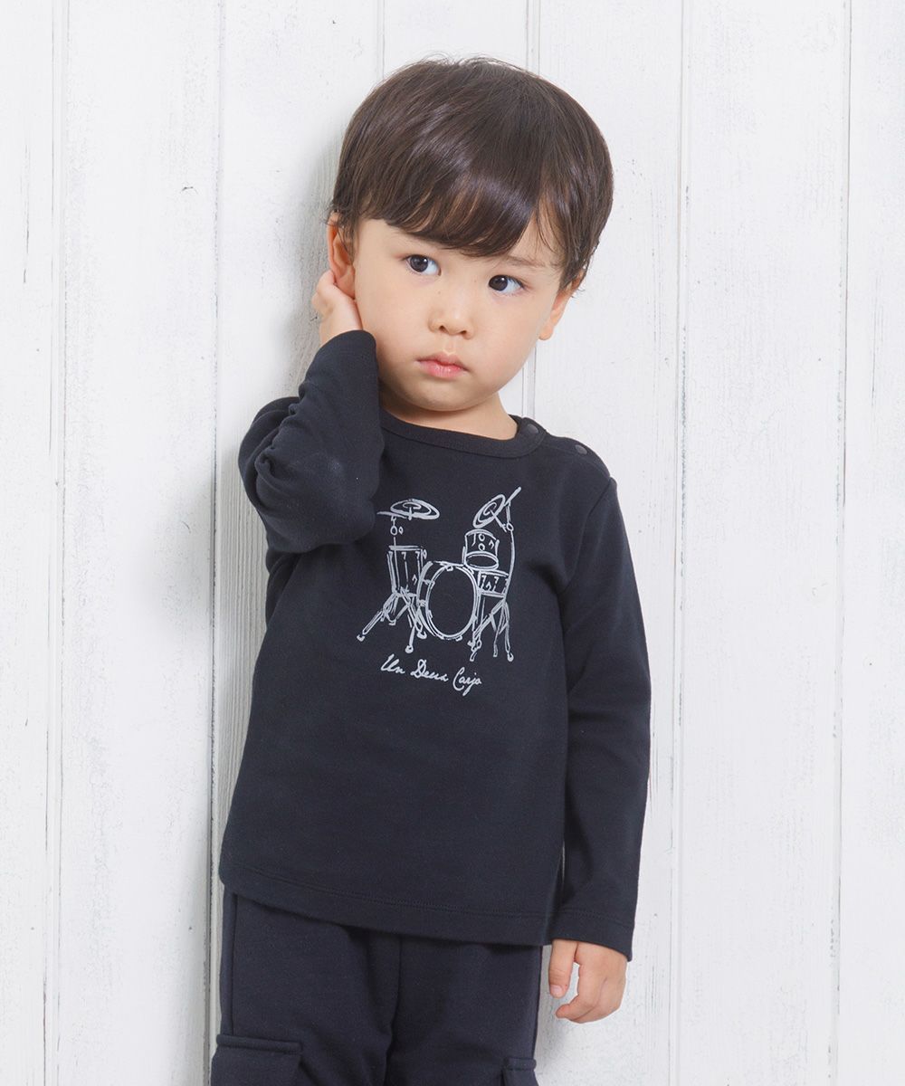 Baby Clothes Boy Baby Baby Size 100 % Cotton Series Drum Print T -shirt Black (00) Model Image Up