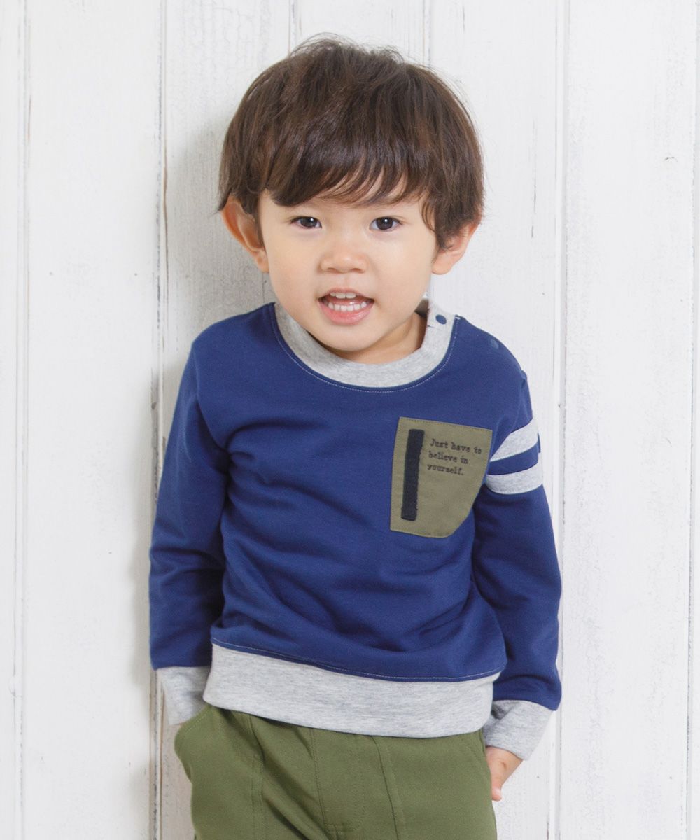 Baby size mini french terry sleeve trainer with lines Navy model image up