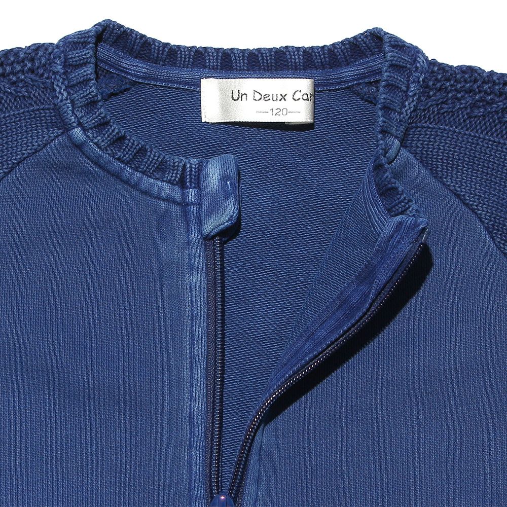 100 % cotton cable knitting x back hair zip -up jacket Blue Design point 1