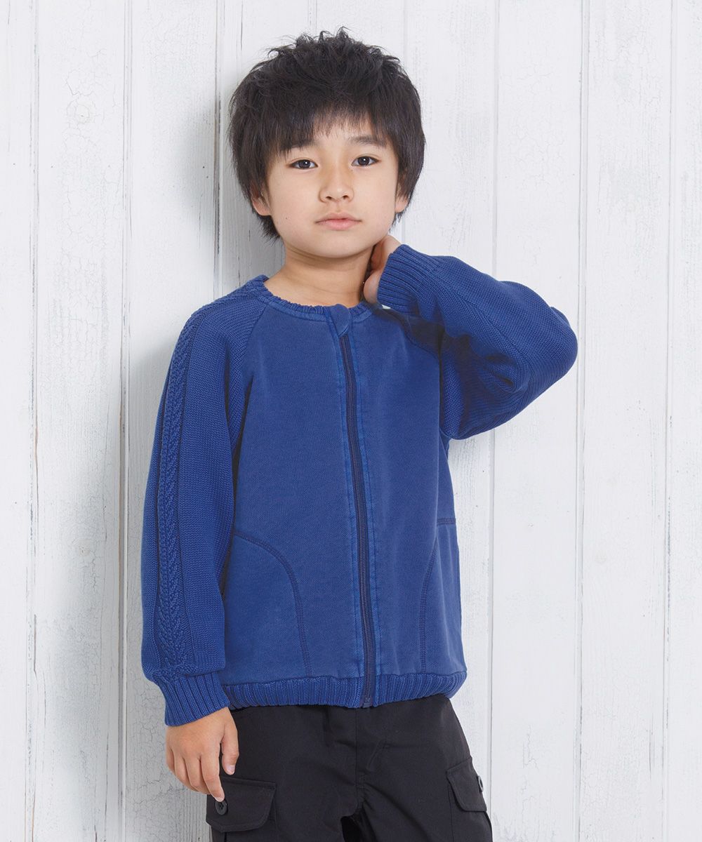 100 % cotton cable knitting x back hair zip -up jacket Blue model image 1