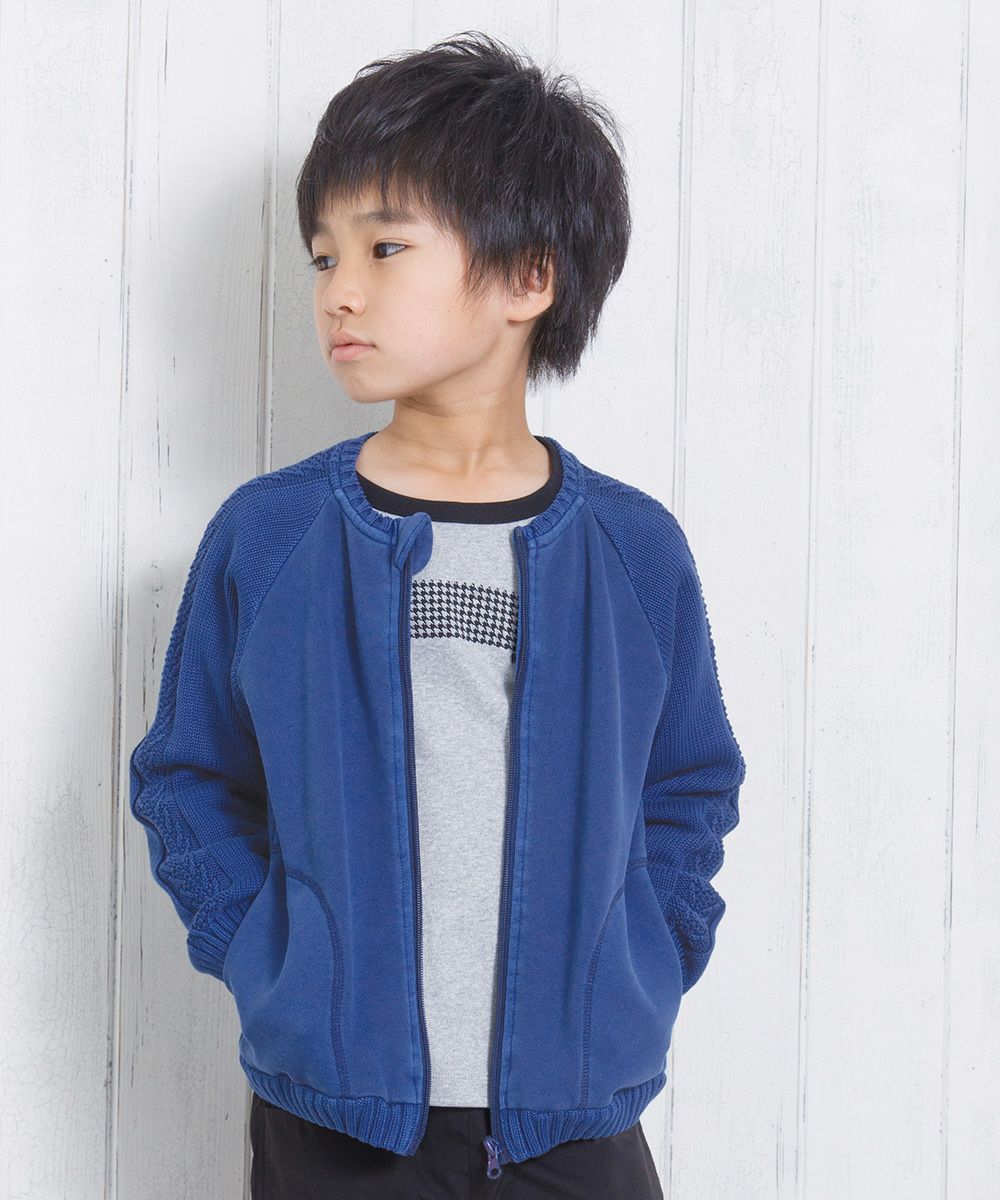 100 % cotton cable knitting x back hair zip -up jacket Blue model image 4