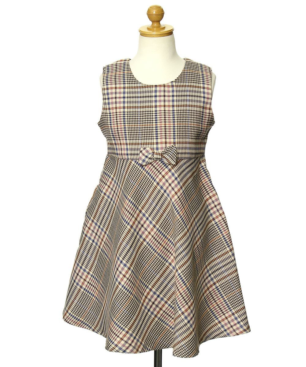 Children's clothing girl ribbon check pattern flare dress beige (51) torso
