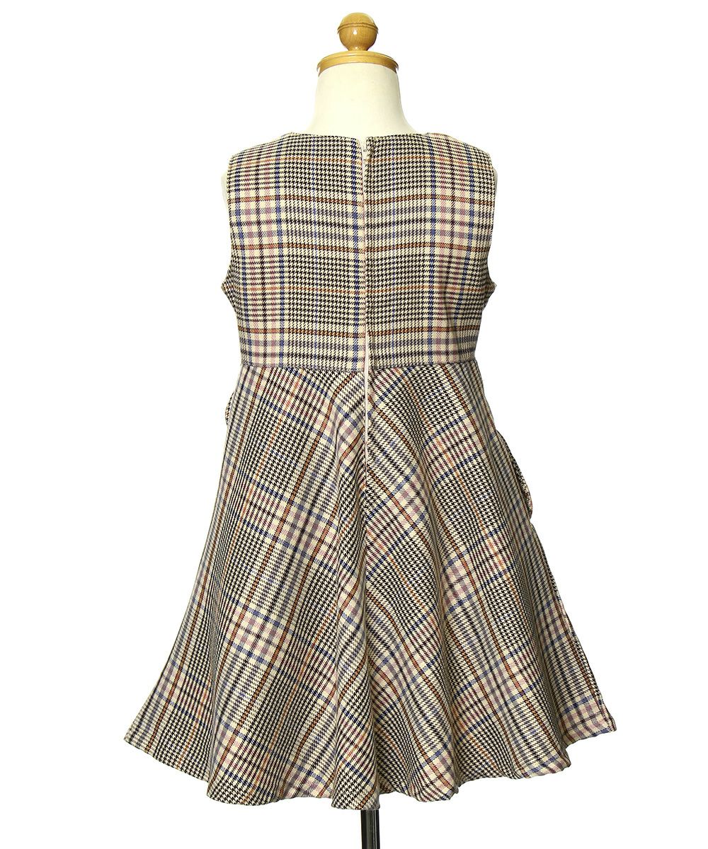 Children's clothing girl ribbon check pattern flare dress beige (51) Torso