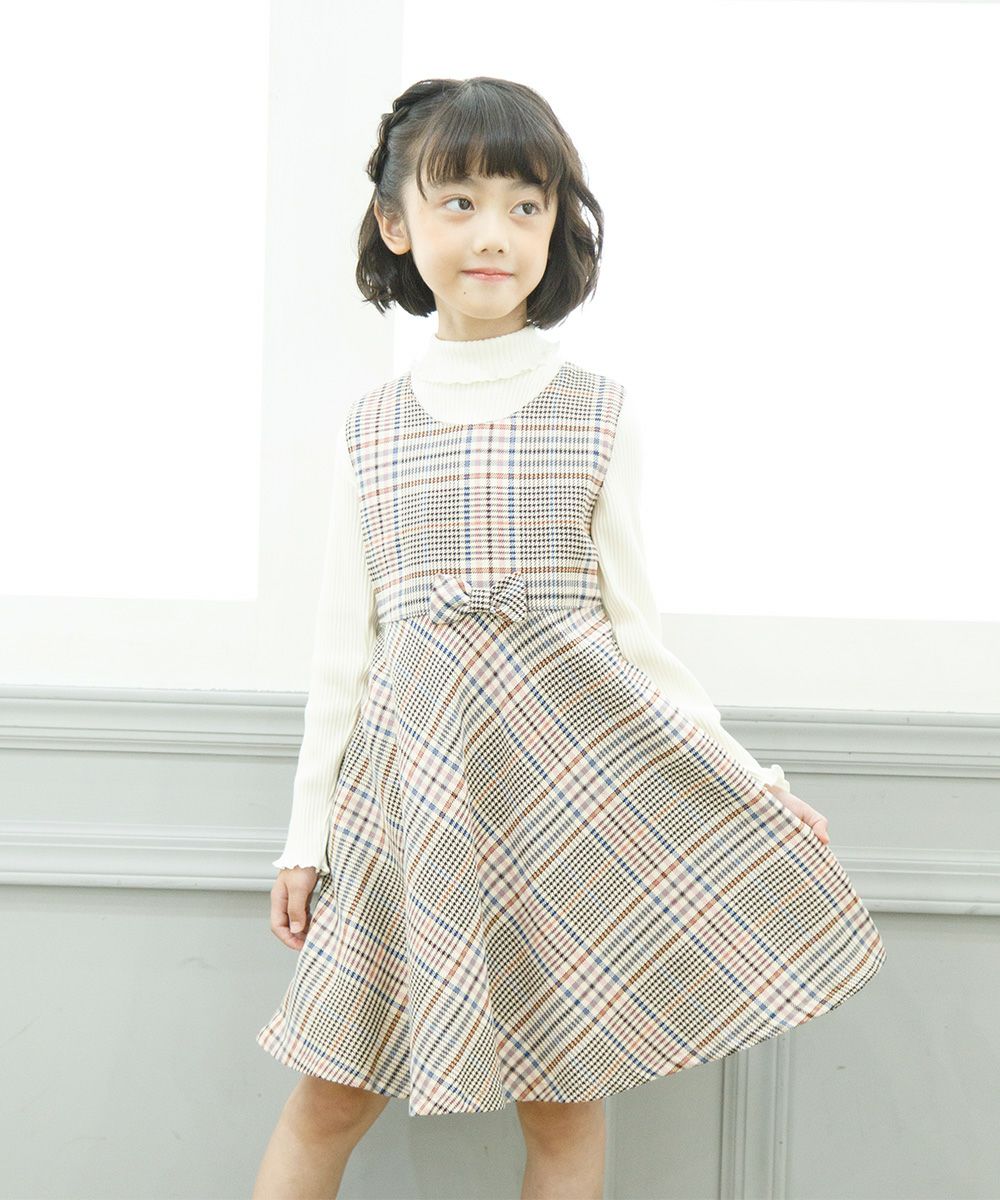 Children's clothing girl ribbon check pattern flare dress beige (51) model image 1