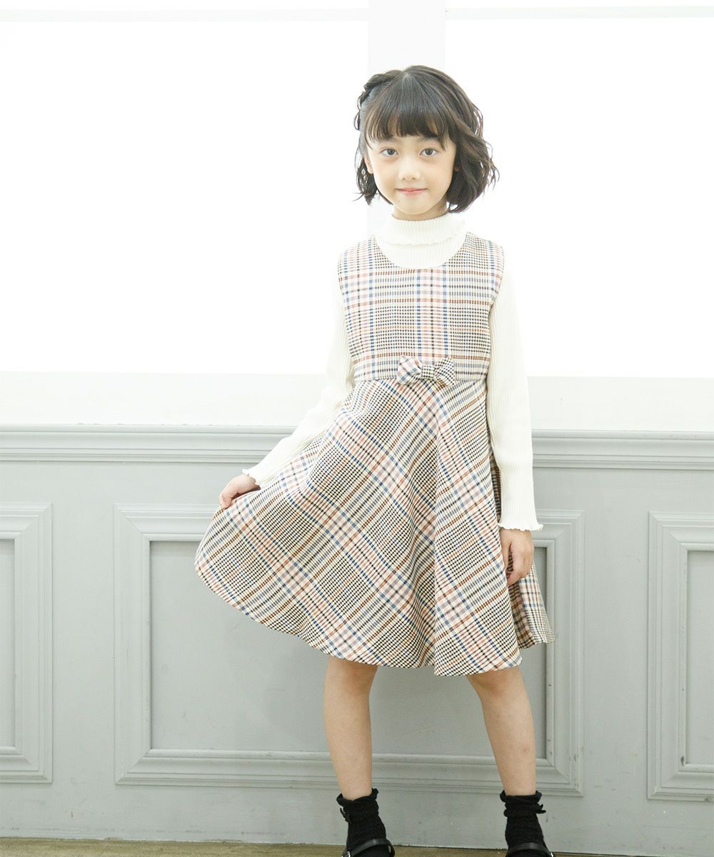 Children's clothing girl ribbon check pattern flare dress beige (51) model image 2