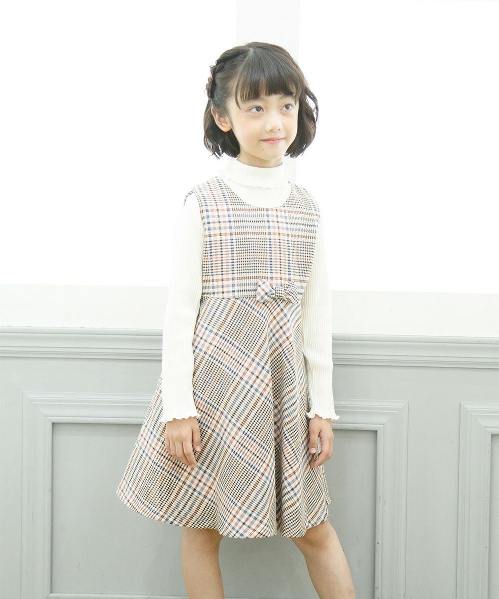 Children's clothing girl ribbon check pattern flare dress beige (51) model image 3