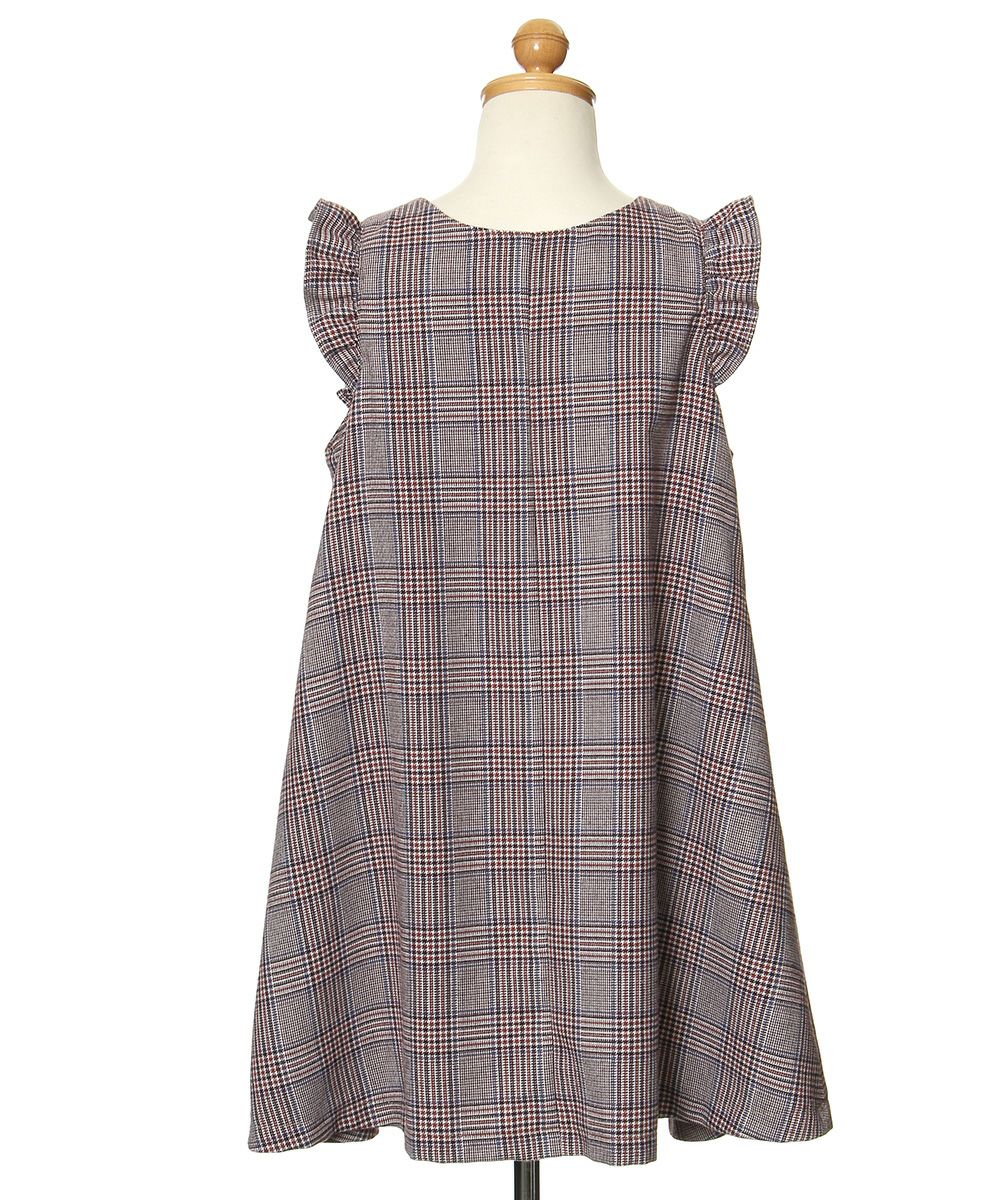 Sleeve frill plaid V -neck A line dress Beige torso