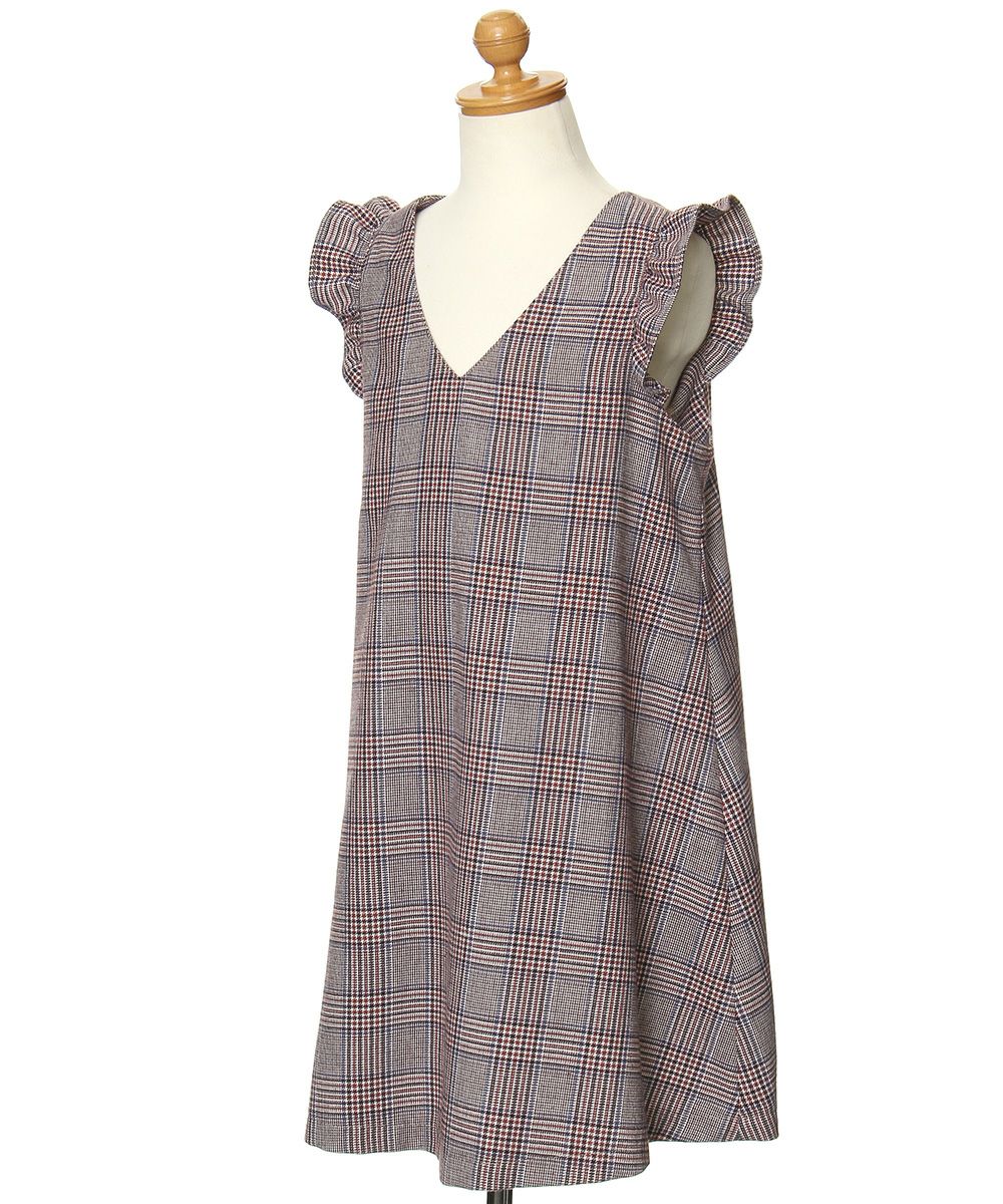 Sleeve frill plaid V -neck A line dress Beige torso