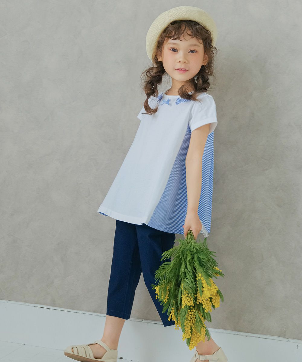 Children's clothing girl stretch twill material with ribbon three-quarter length pants navy (06) model image 1