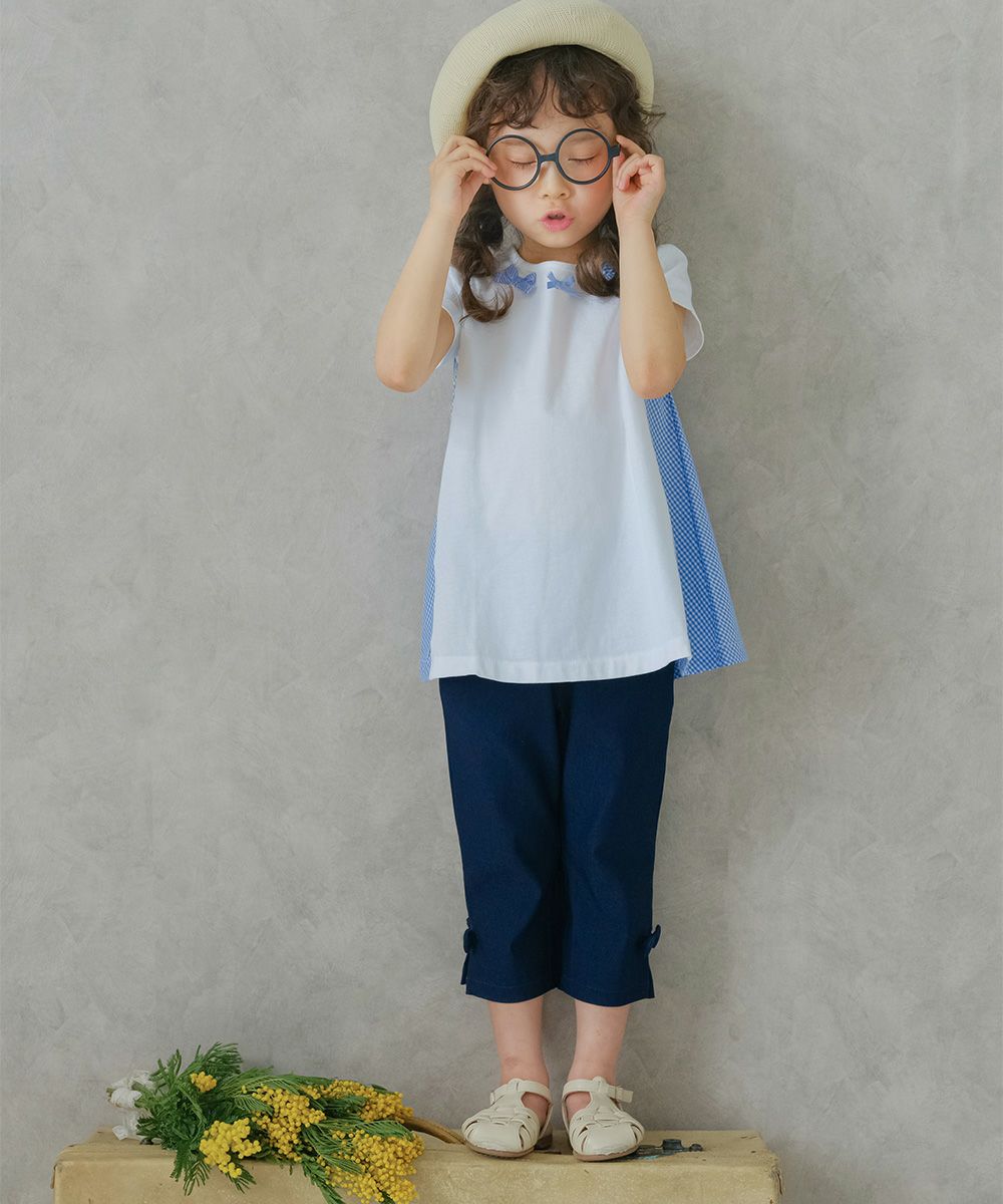 Children's clothing girl stretch twill material with ribbon three-quarter length pants navy (06) model image 2