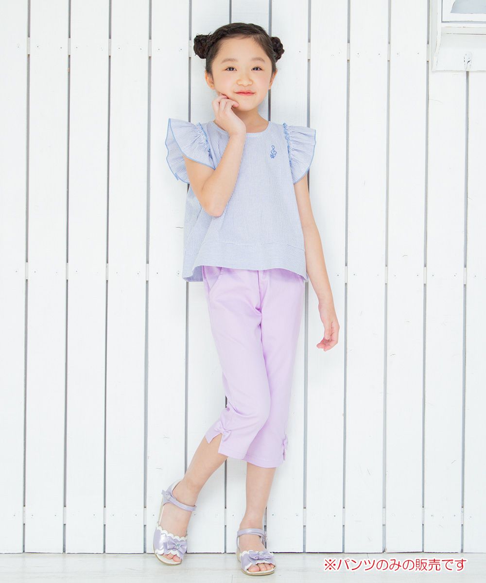 Children's clothing girl stretch twill material with ribbon three-quarter length pants purple (91) model image whole body