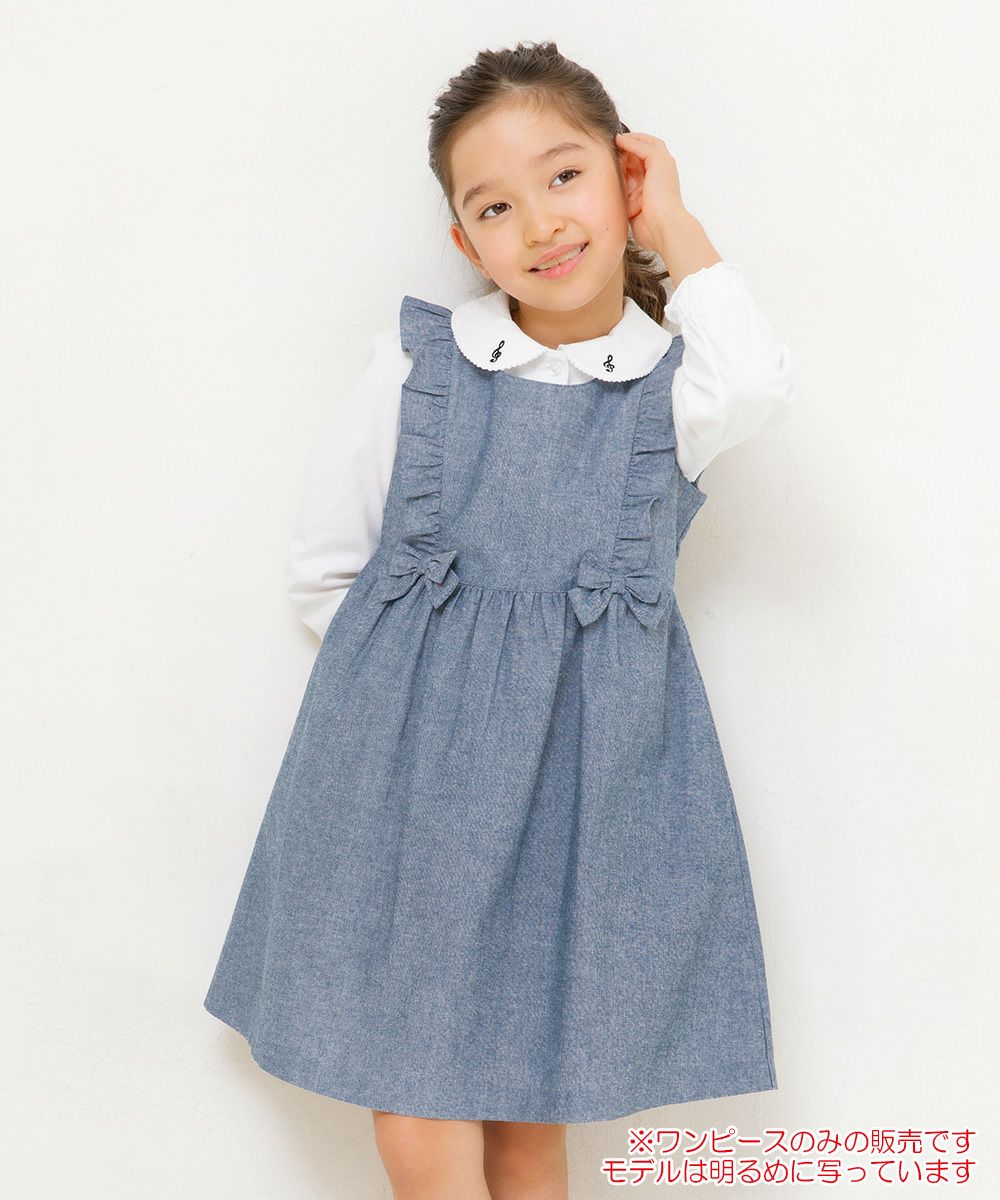 Gathered dress with dungry frill & ribbon Navy model image up