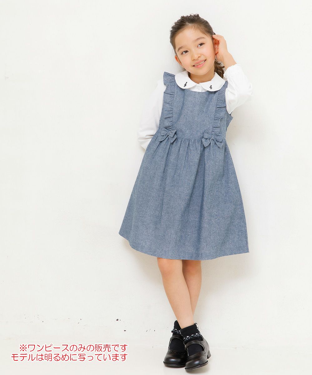 Gathered dress with dungry frill & ribbon Navy model image whole body