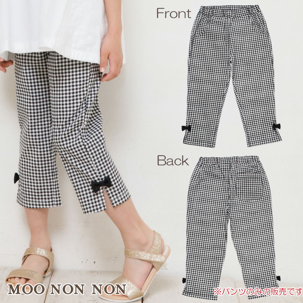 Children's clothing girl Gingham Check pattern stretch twill with ribbon three-quarter length pants