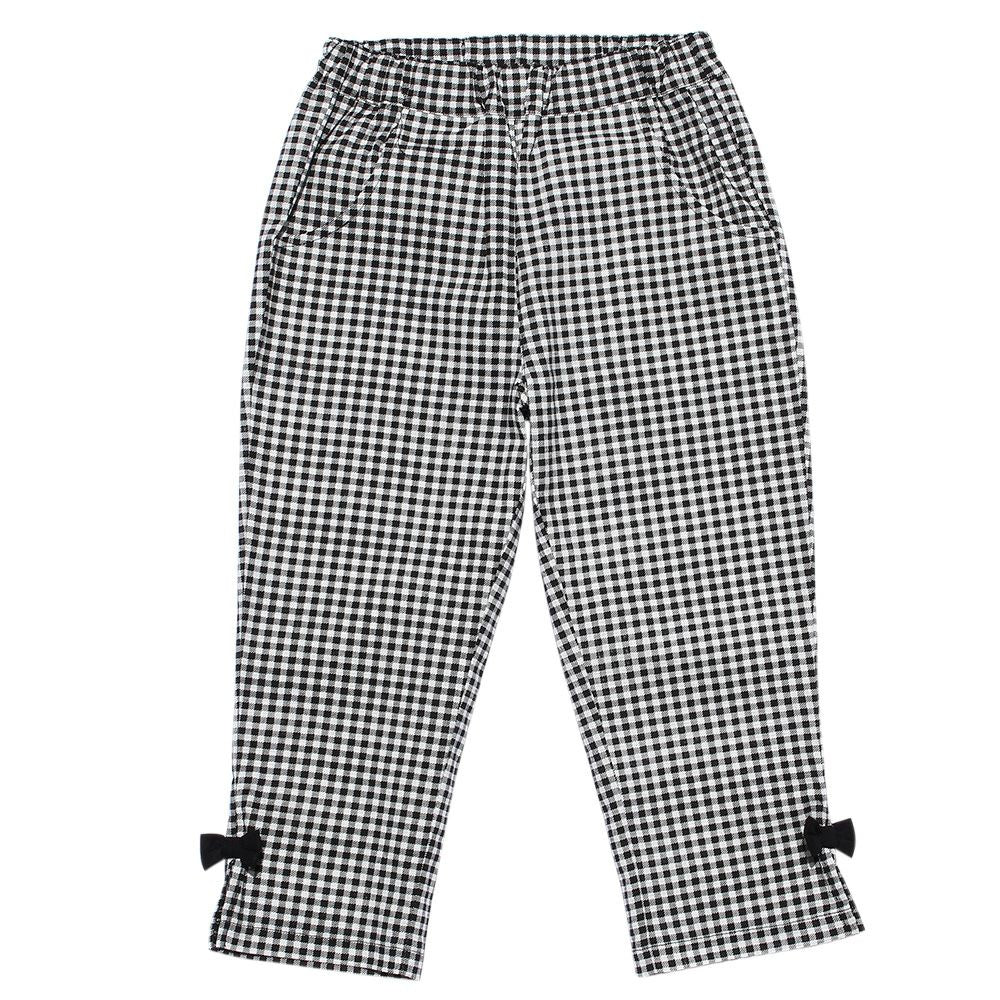 Children's clothing girl Gingham plaid stretch twill with ribbon three-quarter length pants white x black (10) front