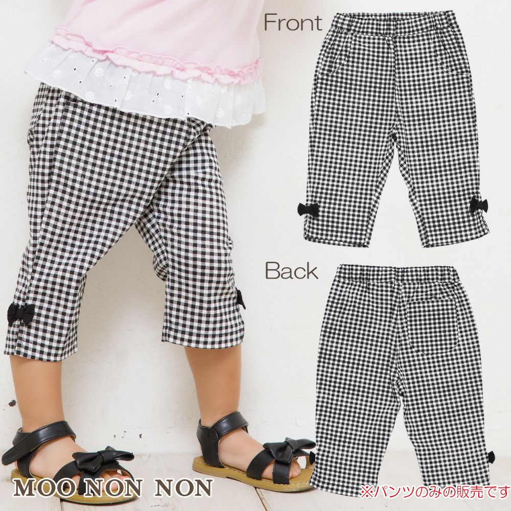 Children's clothing girl baby size gingham check pattern stretch twill with ribbon three-quarter length pants
