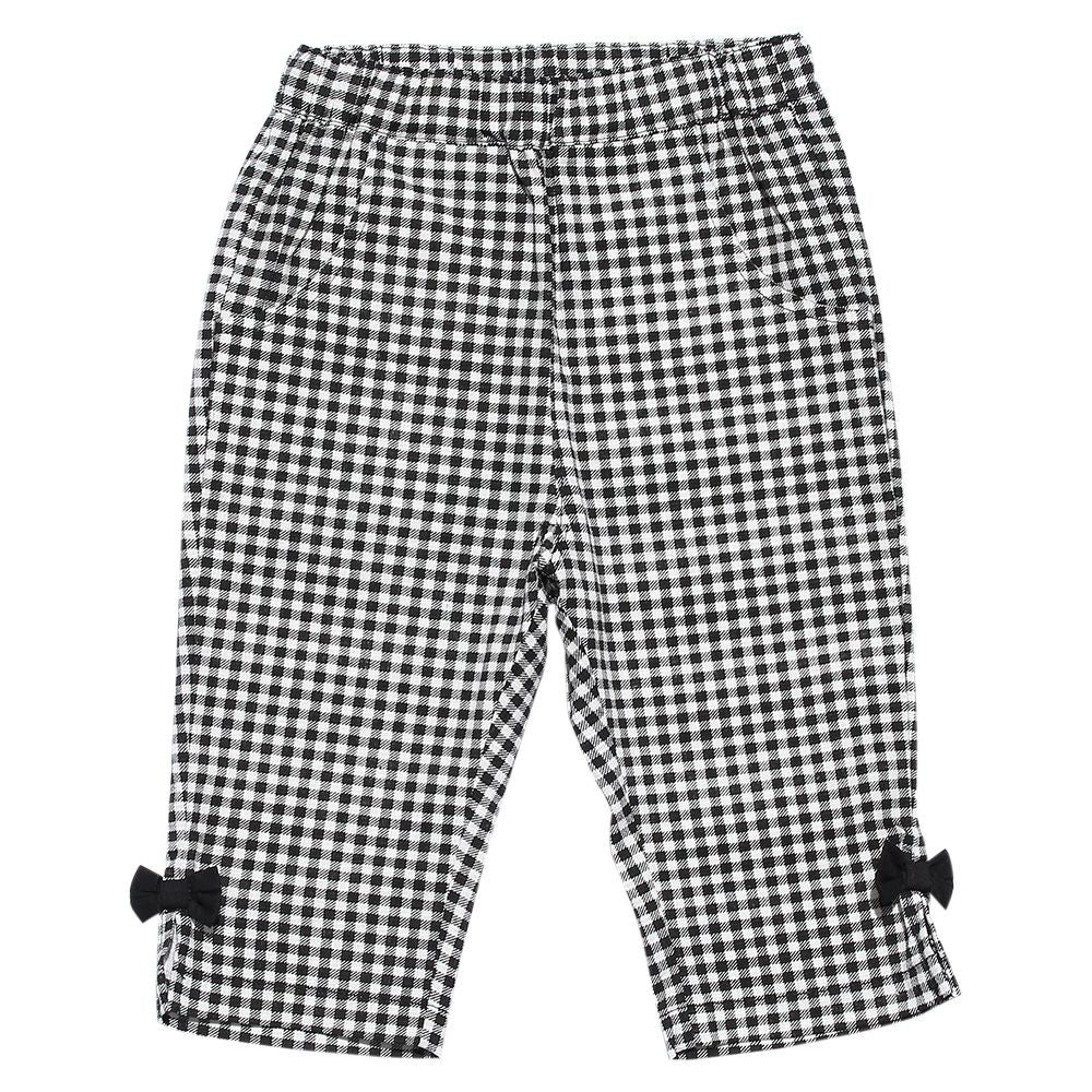 Children's clothing girl baby size gingham check pattern stretch twill with ribbon three-quarter length pants white x black (10) front