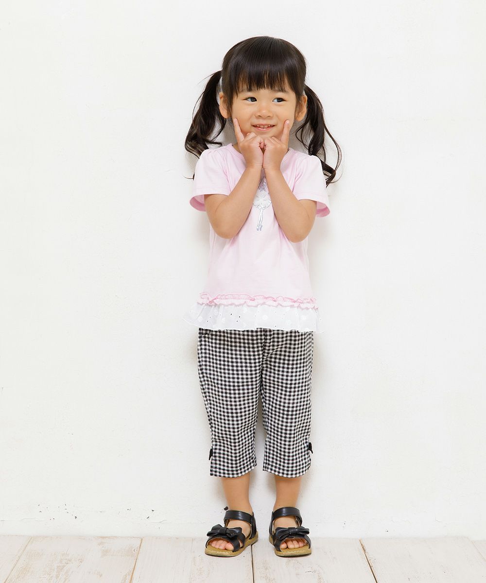Children's clothing girl baby size gingham check pattern stretch twill with ribbon three-quarter length pants white x black (10) model image 2