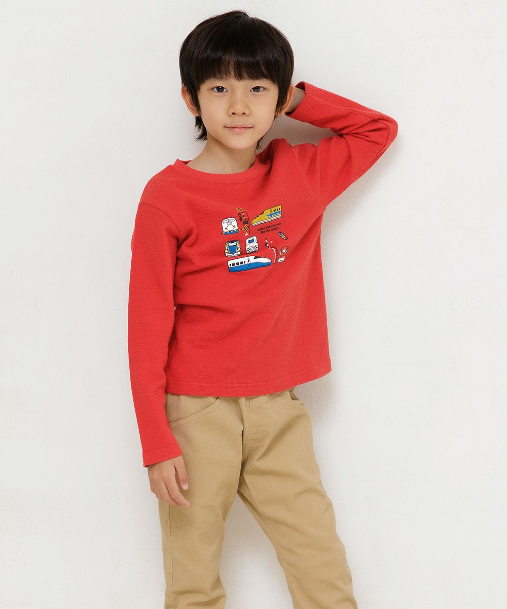 Children's clothing boy 100 % Cotton Series Series Print Train T -shirt Red (03) Model Image 3